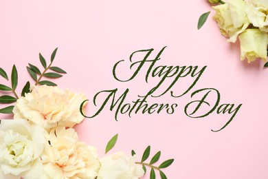 Happy Mother's Day. Beautiful flowers on pink background, flat lay 