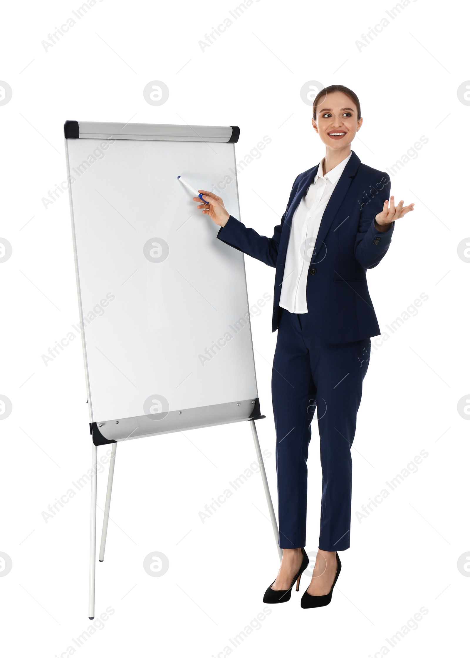 Photo of Professional business trainer near flip chart board on white background. Space for text