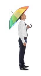 Photo of Businessman with rainbow umbrella on white background