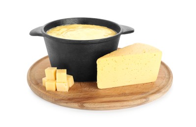 Fondue with tasty melted cheese and pieces isolated on white