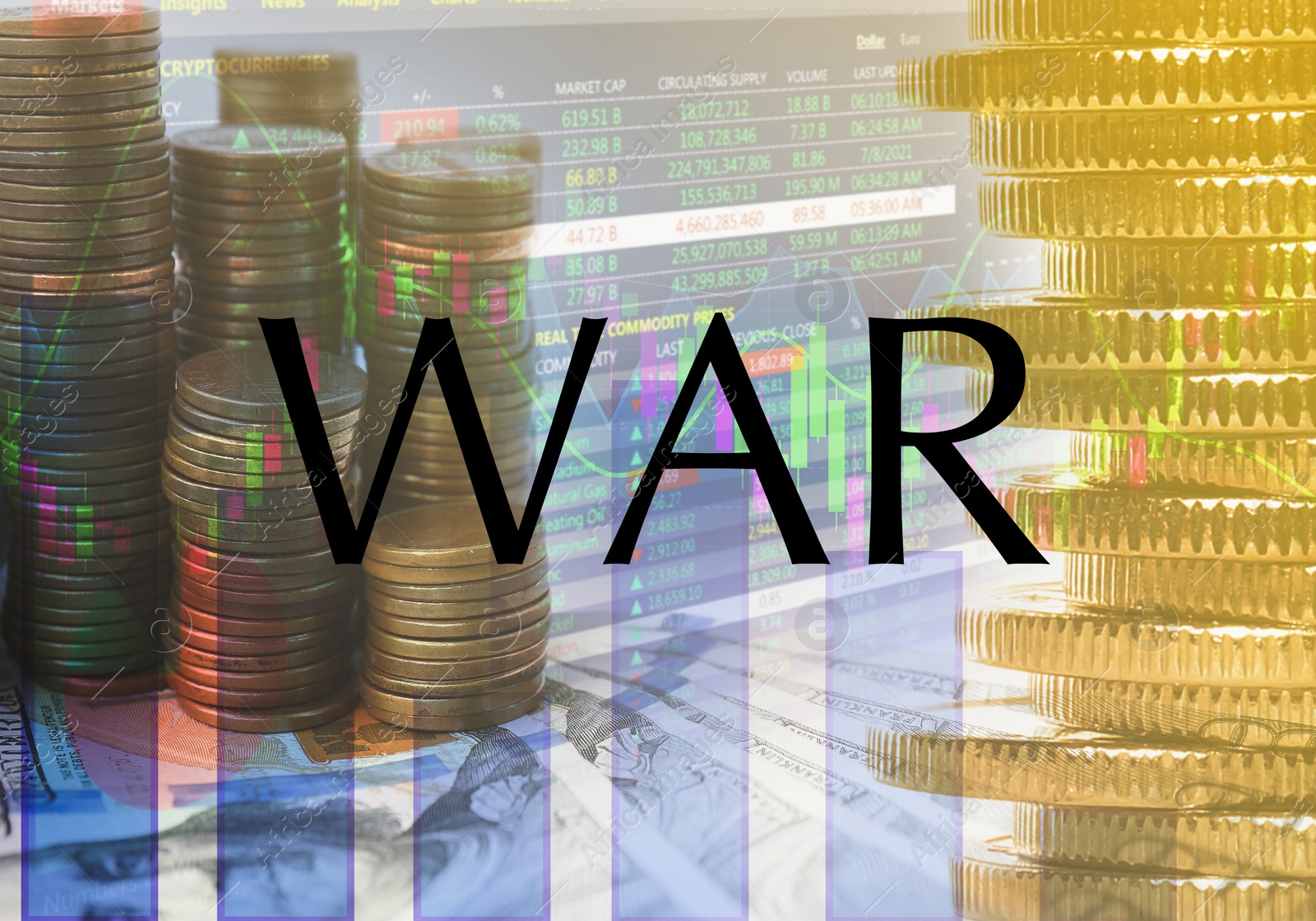 Image of Influence of war on stock exchange. Double exposure of electronic trading platform and stacked coins