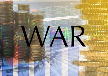 Image of Influence of war on stock exchange. Double exposure of electronic trading platform and stacked coins