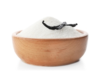 Photo of Vanilla sugar and sticks in bowl on white background