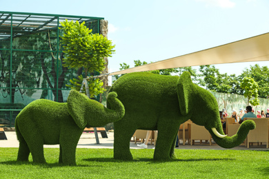 Photo of Beautiful elephant shaped topiaries at zoo on sunny day. Landscape gardening