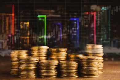 Image of Multiple exposure of stacked coins, charts and night cityscape