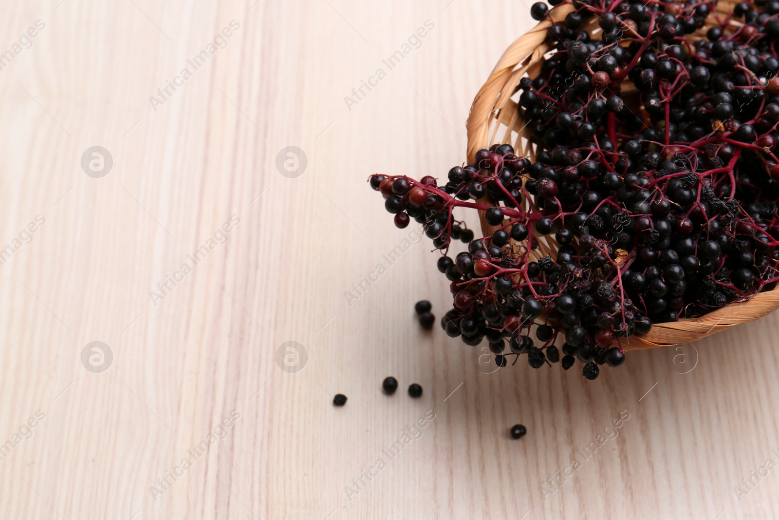 Photo of Tasty elderberries (Sambucus) on wooden table, flat lay. Space for text