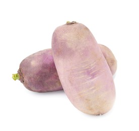 Photo of Ripe purple daikon radishes isolated on white