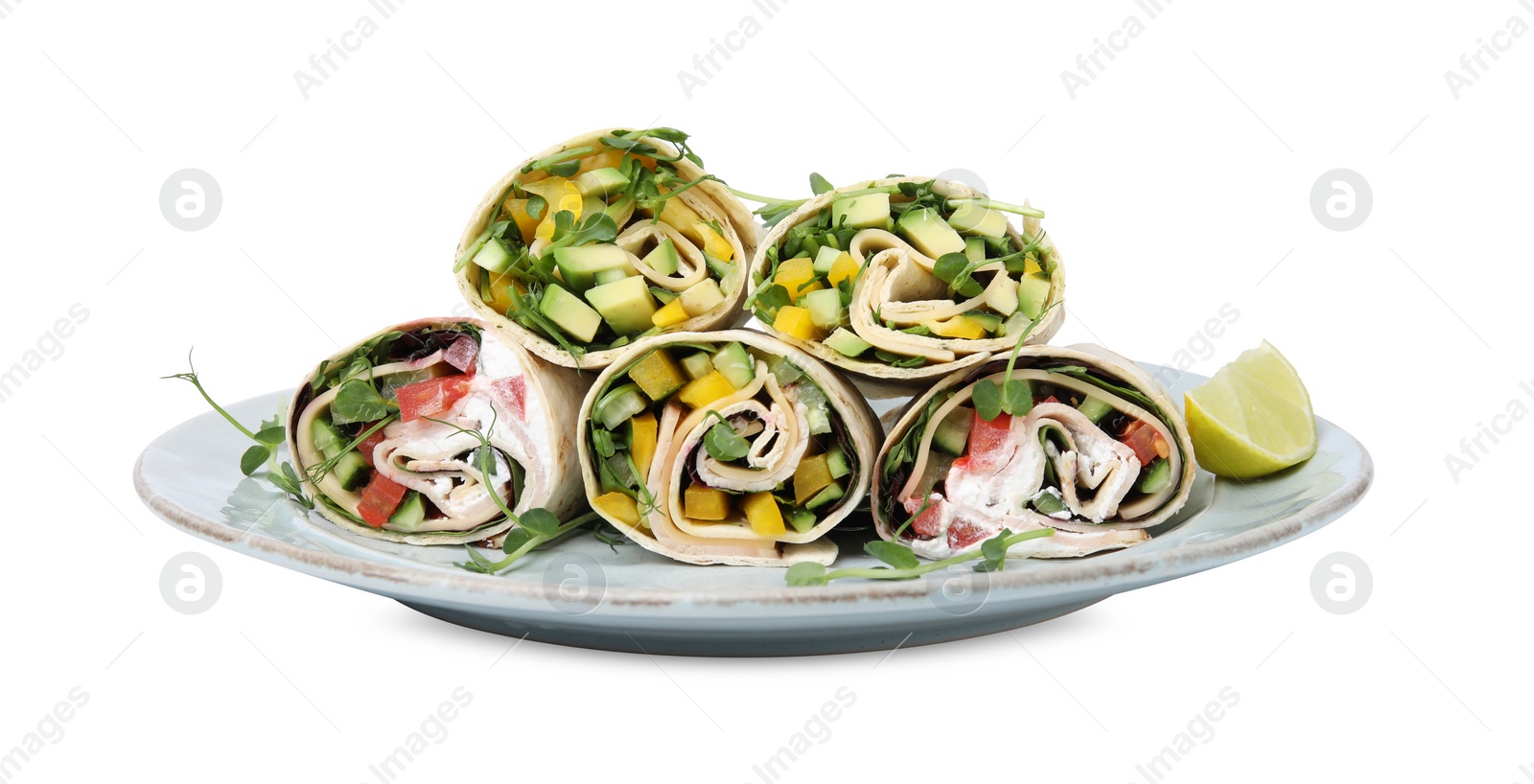 Photo of Delicious sandwich wraps with fresh vegetables and slice of lime isolated on white