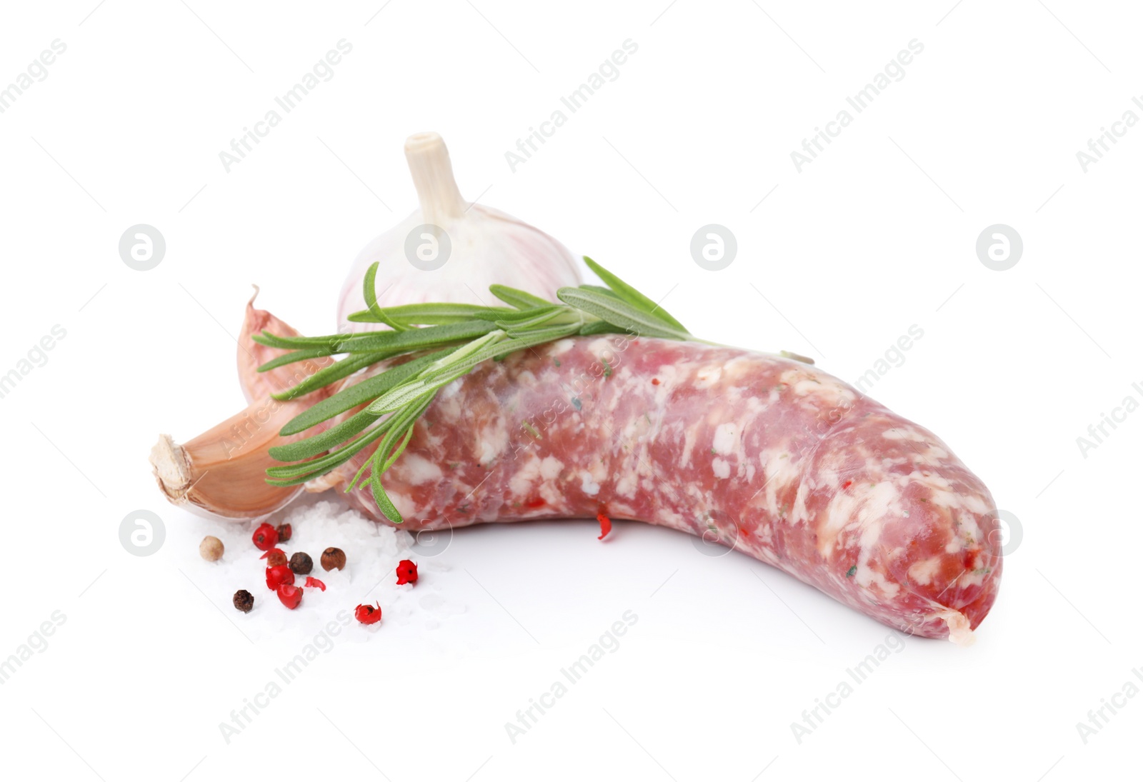 Photo of Raw homemade sausage and different spices isolated on white