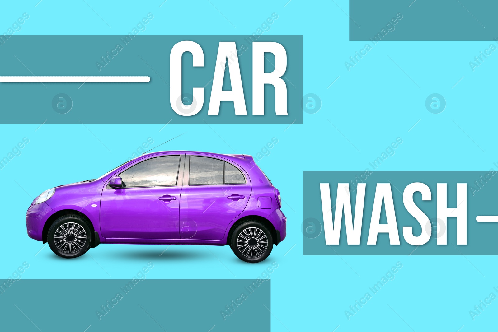 Image of Text Car Wash and modern automobile on light blue background