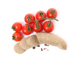 Photo of Delicious liverwurst with cherry tomatoes and spices on white background, top view