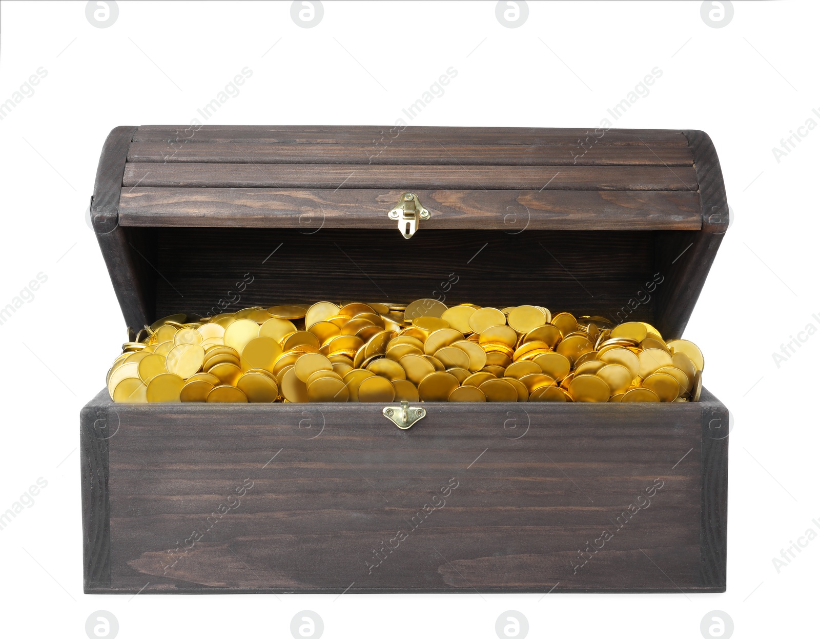 Image of Open treasure chest with gold coins isolated on white