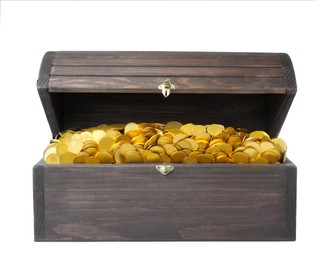 Open treasure chest with gold coins isolated on white