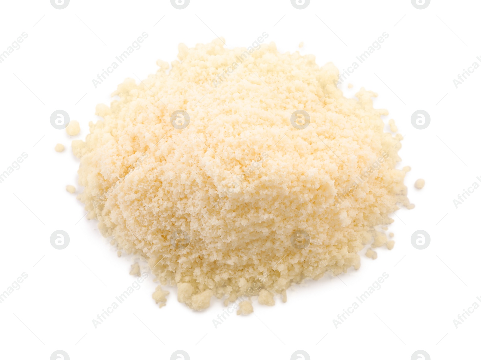 Photo of Pile of grated parmesan cheese isolated on white, top view