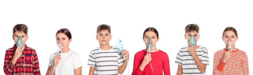 Image of Inhalation therapy. Collage with photos of kids using nebulizers on white background