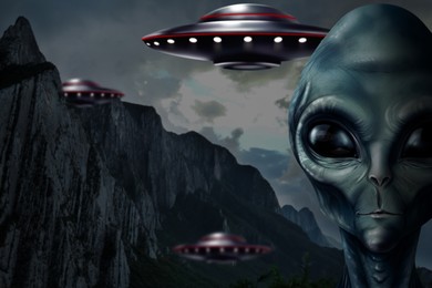Image of UFO. Alien and flying spaceship in mountains. Extraterrestrial invasion