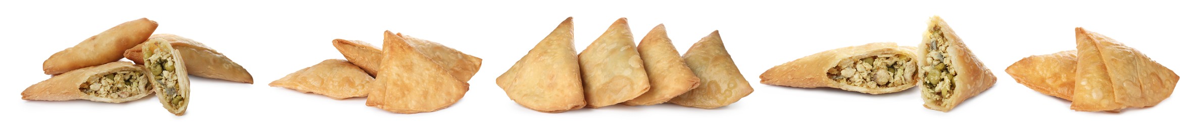 Image of Set with crispy delicious samosas on white background. Banner design