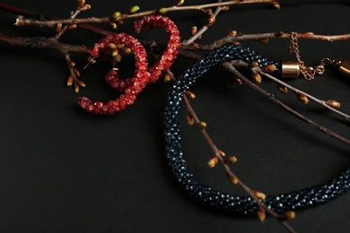 Branches with set of elegant jewelry on black background. Space for text