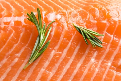 Photo of Raw salmon fillet with rosemary as background, closeup