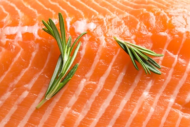 Raw salmon fillet with rosemary as background, closeup