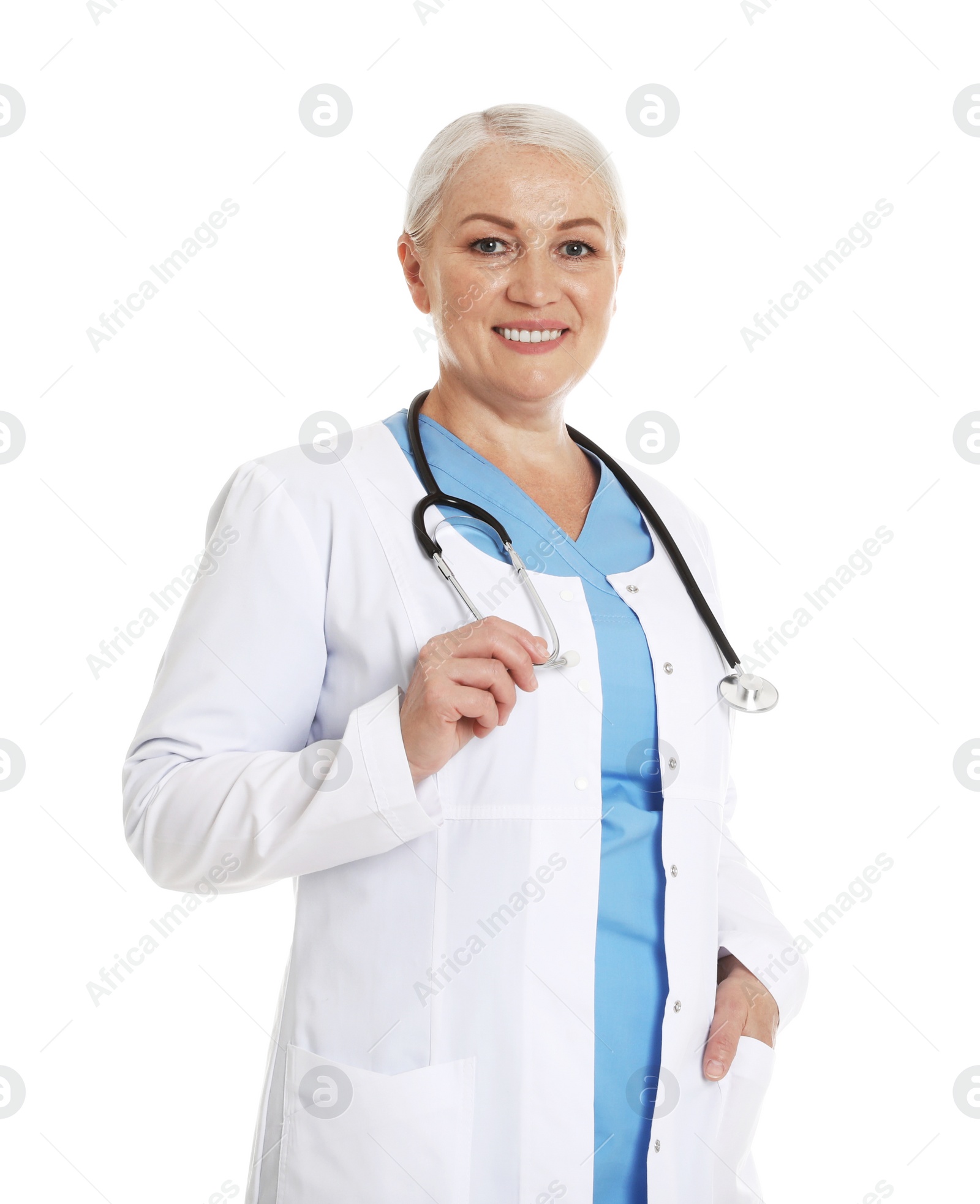 Photo of Portrait of female doctor isolated on white. Medical staff