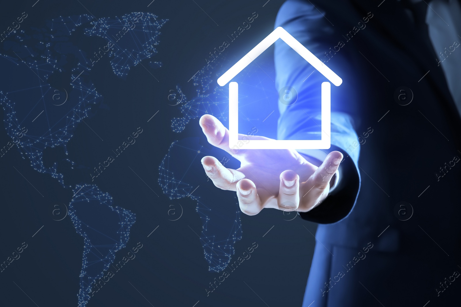 Image of Property insurance concept. Man demonstrating house image, closeup