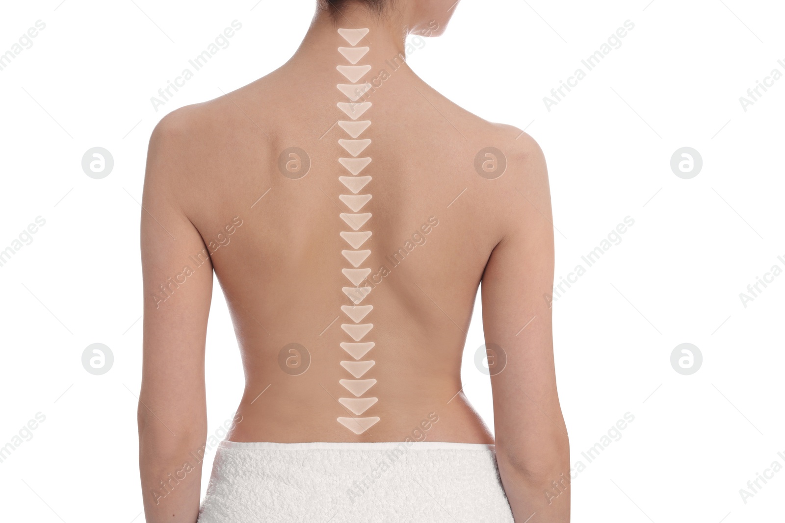 Image of Woman with healthy back on white background, closeup. Illustration of spine