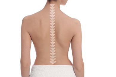 Woman with healthy back on white background, closeup. Illustration of spine