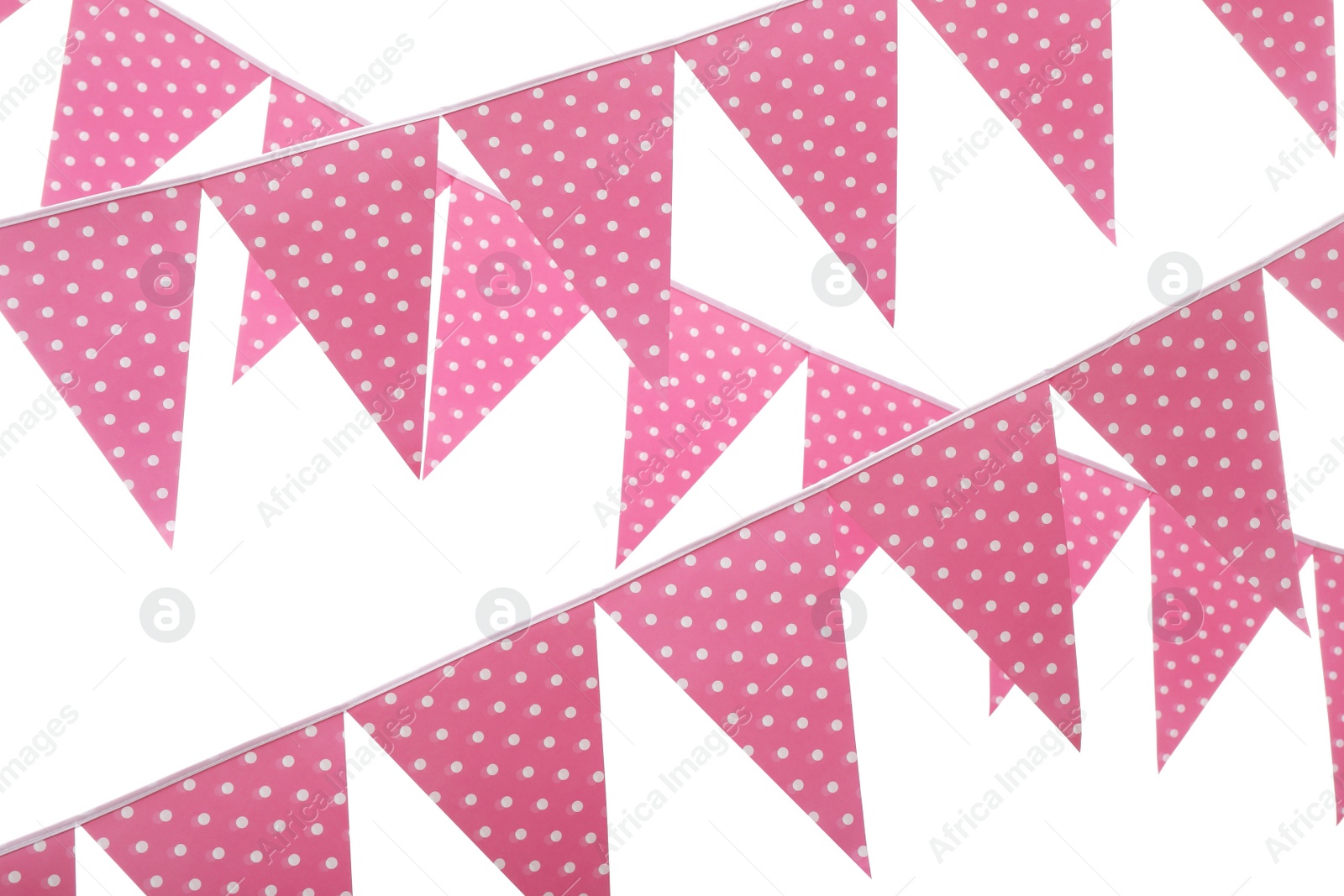 Photo of Rows of triangular bunting flags on white background. Festive decor