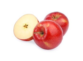 Photo of Ripe juicy red apples on white background