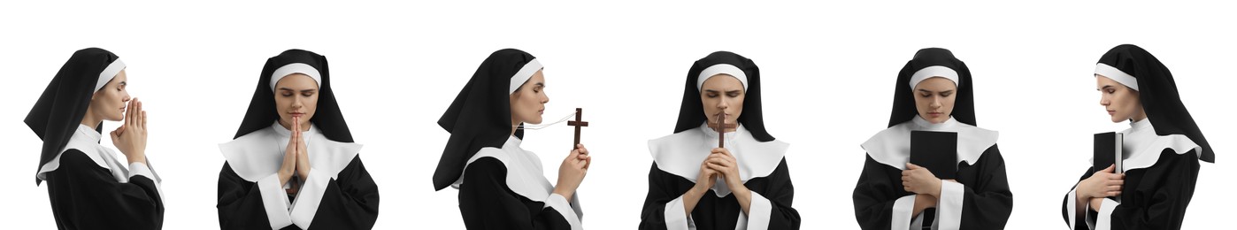 Image of Collage with photos of young nun praying on white background