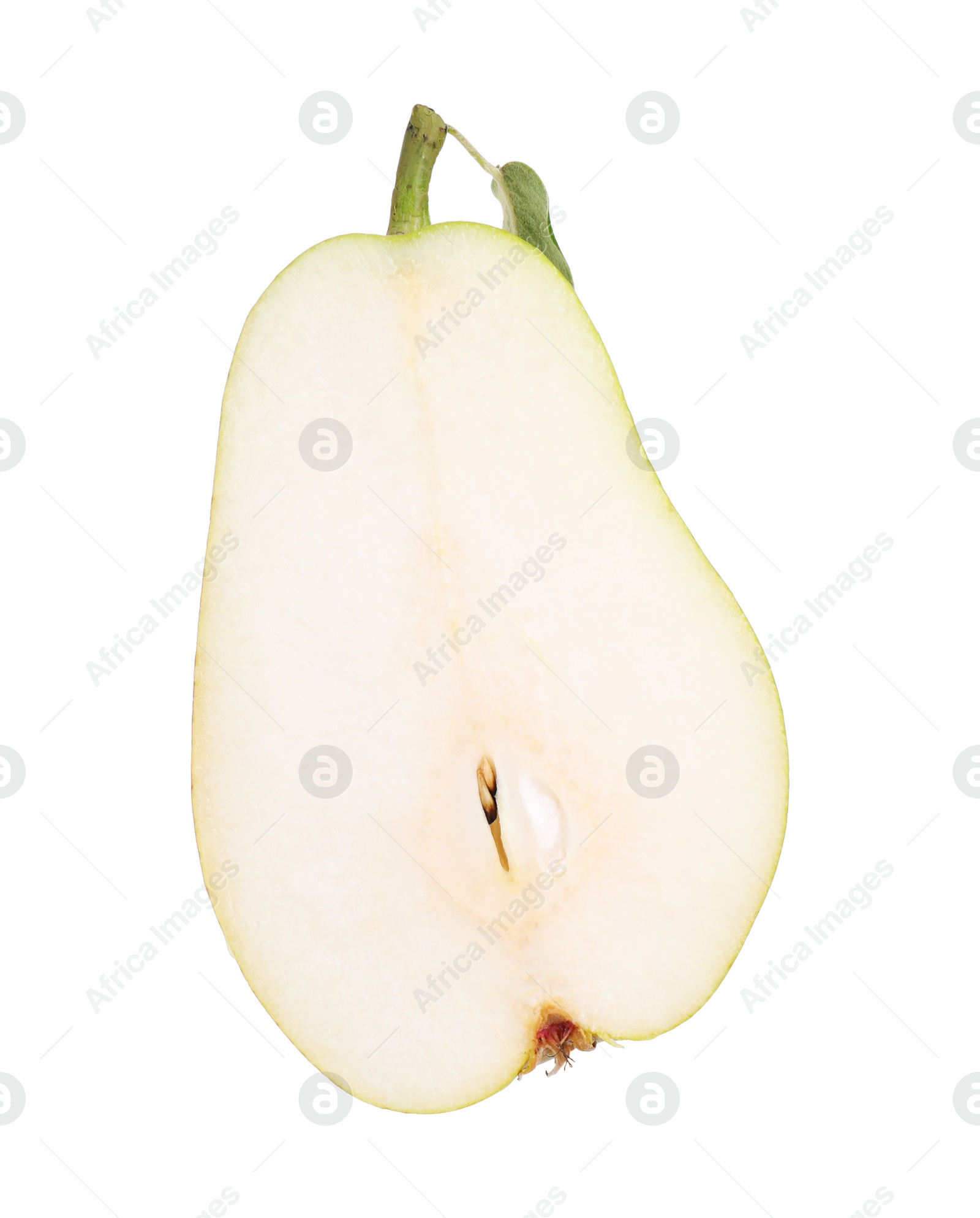 Photo of Half of ripe pear on white background