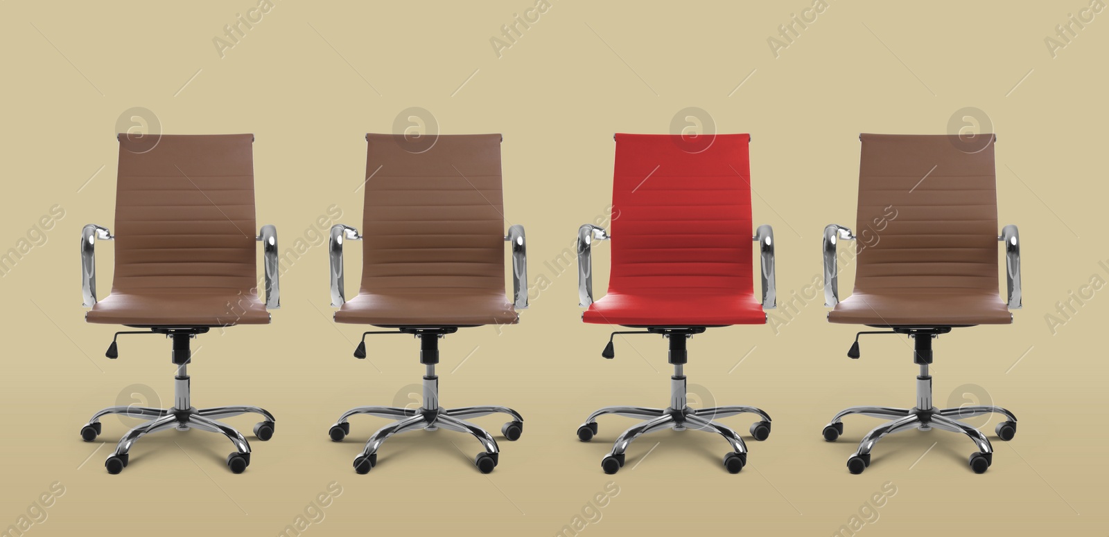 Image of Vacant position. Red office chair among brown ones on dark beige background, banner design