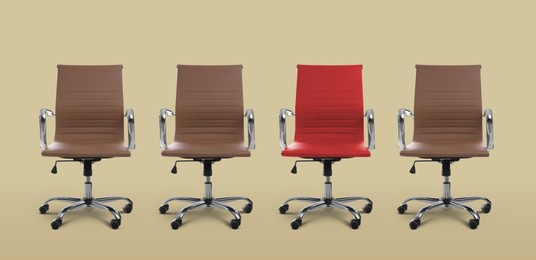 Vacant position. Red office chair among brown ones on dark beige background, banner design