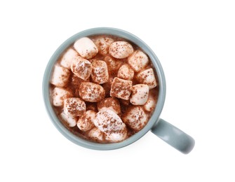 Cup of aromatic hot chocolate with marshmallows and cocoa powder isolated on white, top view