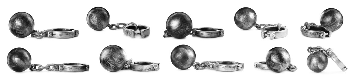 Image of Set with metal balls and chains on white background, banner design 