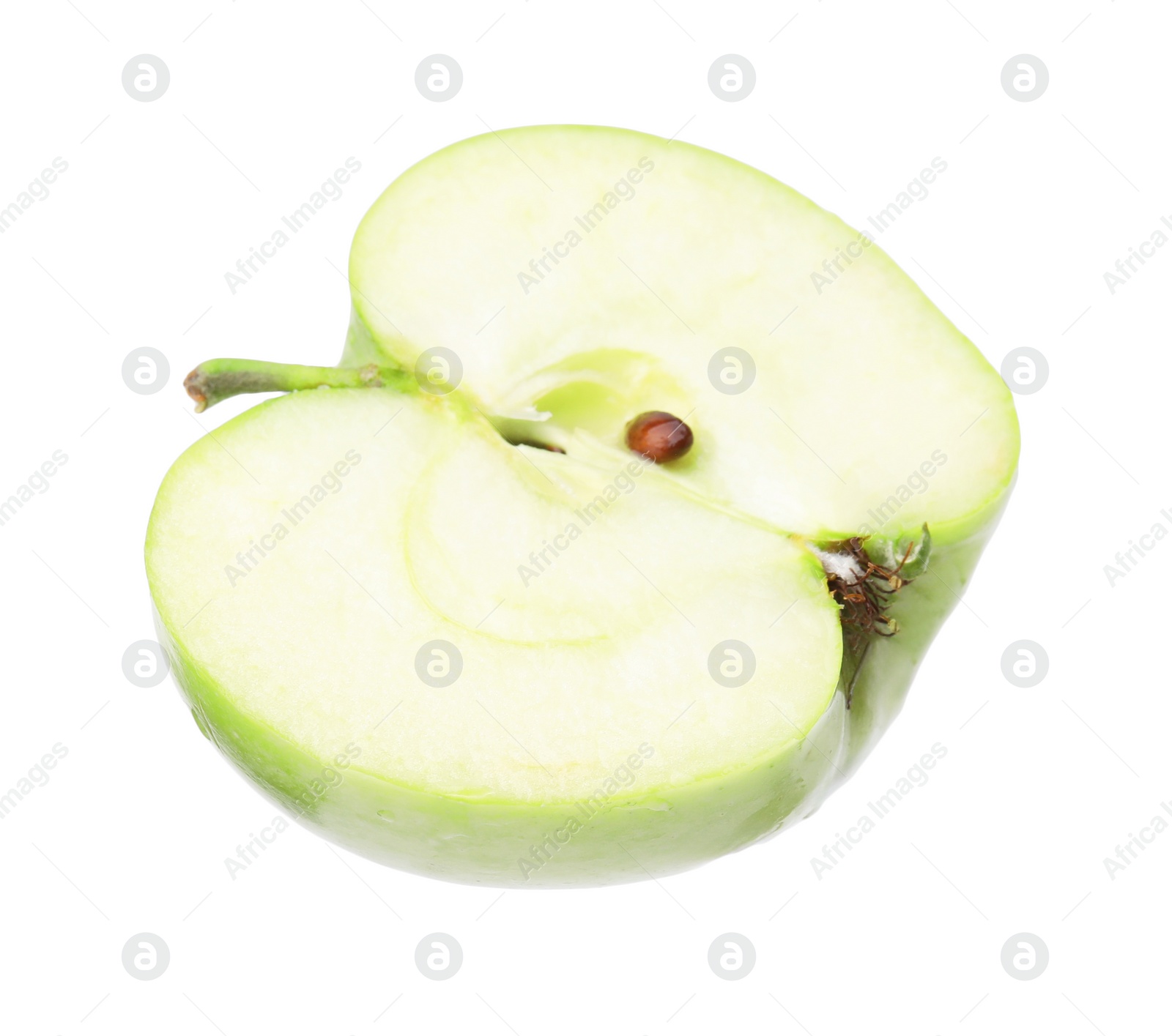 Photo of Half of ripe green apple on white background