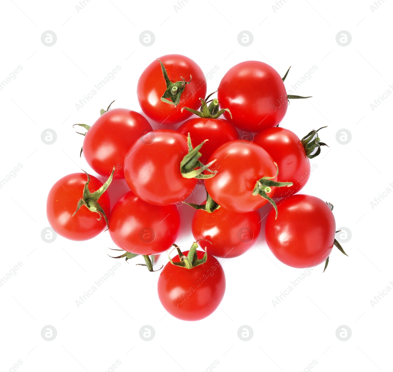 Photo of Tasty fresh raw tomatoes isolated on white, top view