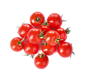 Tasty fresh raw tomatoes isolated on white, top view