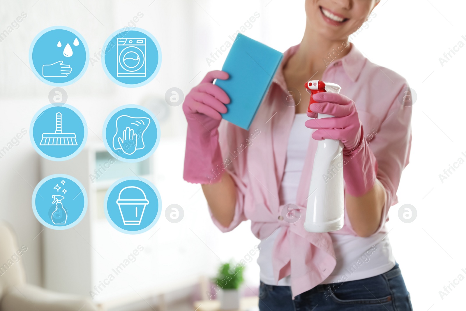 Image of Young chambermaid and different icons indoors, closeup 