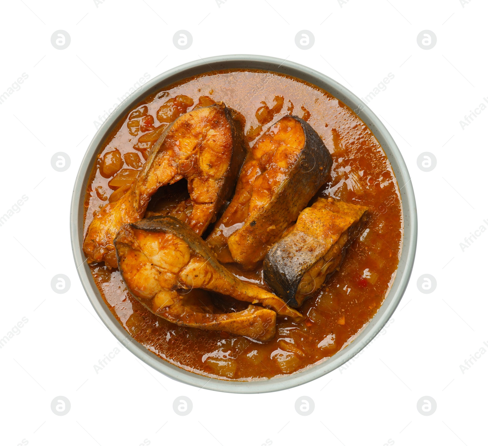 Photo of Tasty fish curry on white background, top view. Indian cuisine