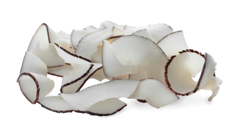 Photo of Pile of fresh coconut flakes isolated on white