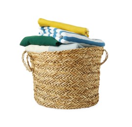 Photo of Wicker laundry basket with clean clothes isolated on white