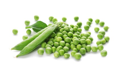 Fresh raw green peas and pods on white background