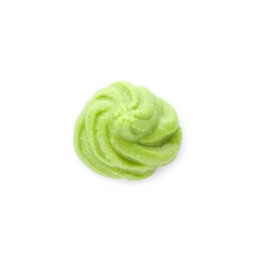 Photo of Swirl of delicious spicy wasabi paste isolated on white, top view