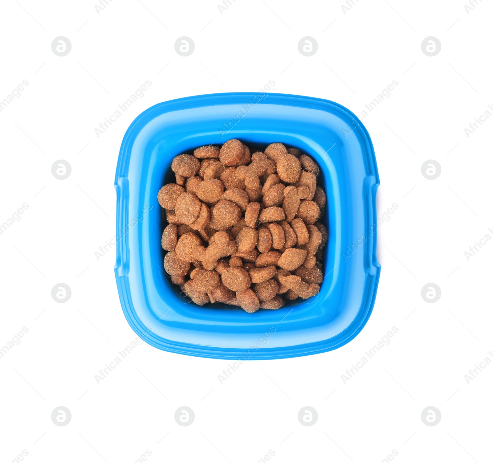 Photo of Dry pet food in feeding bowl isolated on white, top view