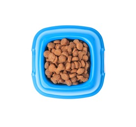 Photo of Dry pet food in feeding bowl isolated on white, top view