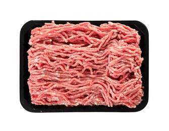 Photo of Plastic container with minced meat on white background, top view