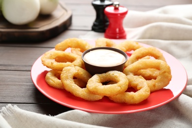 Plate with fried onion rings and sauce on table