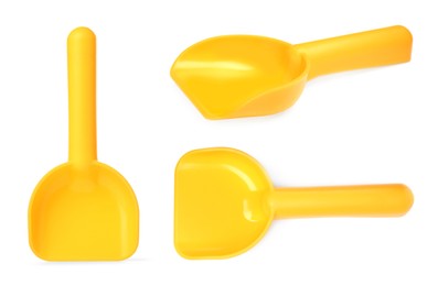 Image of Yellow plastic toy shovels on white background, collage